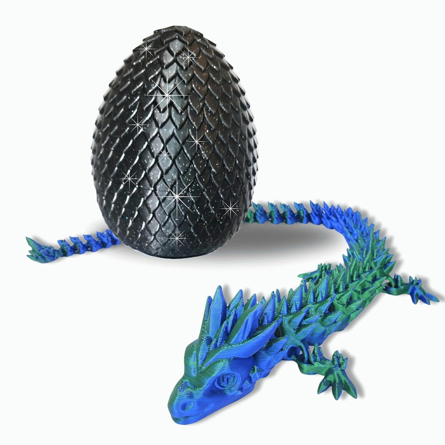 20" Color-Changing Articulated Dragon - Exclusive Black Sparkle Glitter Egg, Made in USA - 3D Printed, Room Decor