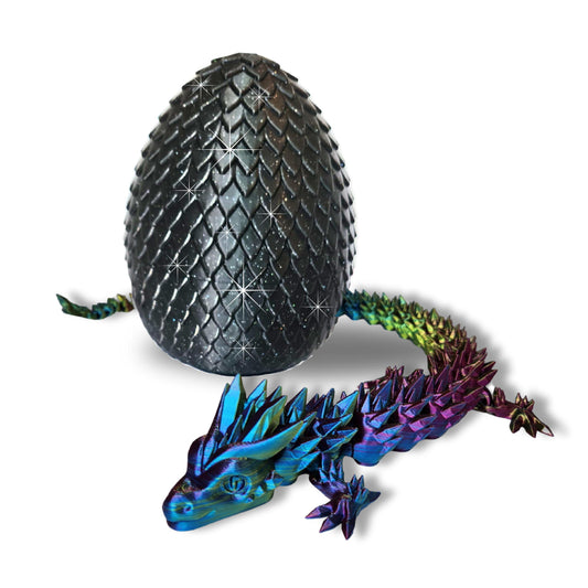20" Color-Changing Articulated Dragon - Exclusive Black Sparkle Glitter Egg, Made in USA - 3D Printed, Room Decor