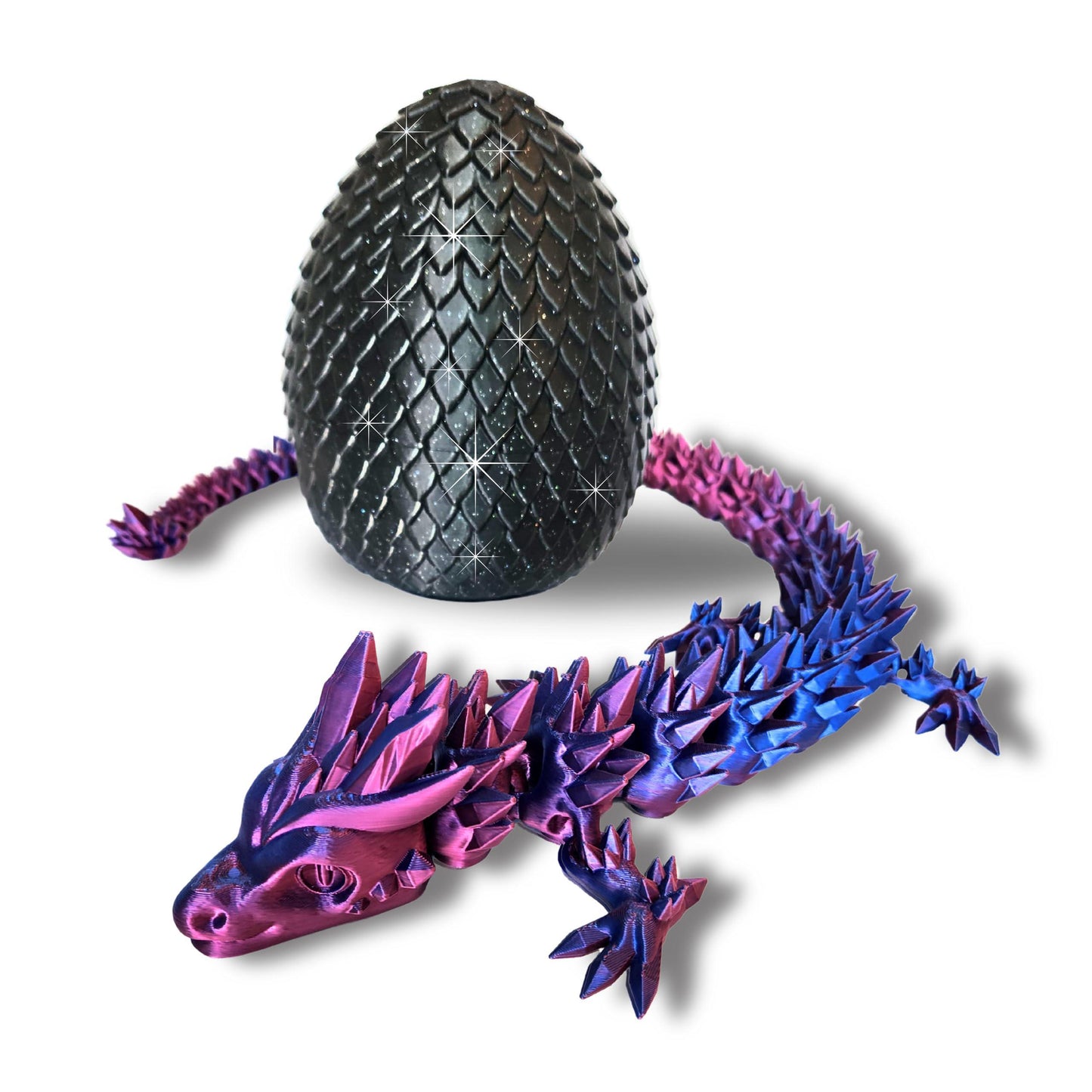 20" Color-Changing Articulated Dragon - Exclusive Black Sparkle Glitter Egg, Made in USA - 3D Printed, Room Decor