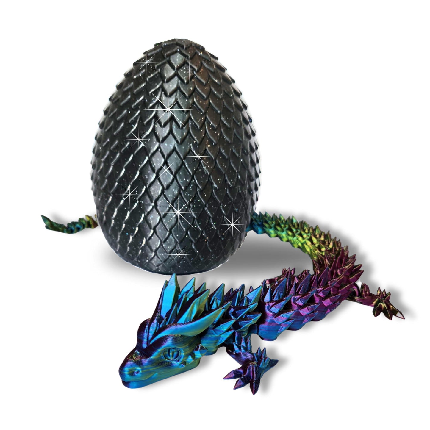 20" Color-Changing Articulated Dragon - Exclusive Black Sparkle Glitter Egg, Made in USA - 3D Printed, Room Decor
