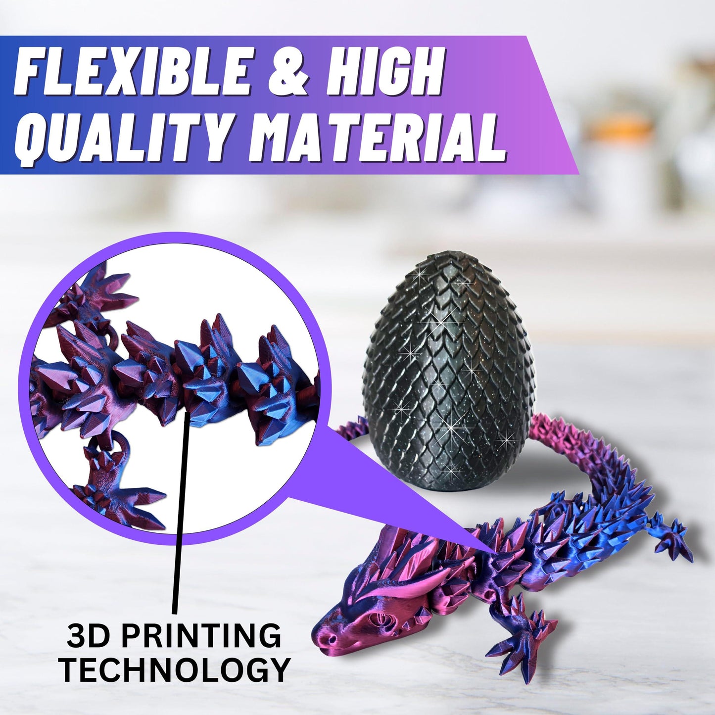 20" Color-Changing Articulated Dragon - Exclusive Black Sparkle Glitter Egg, Made in USA - 3D Printed, Room Decor