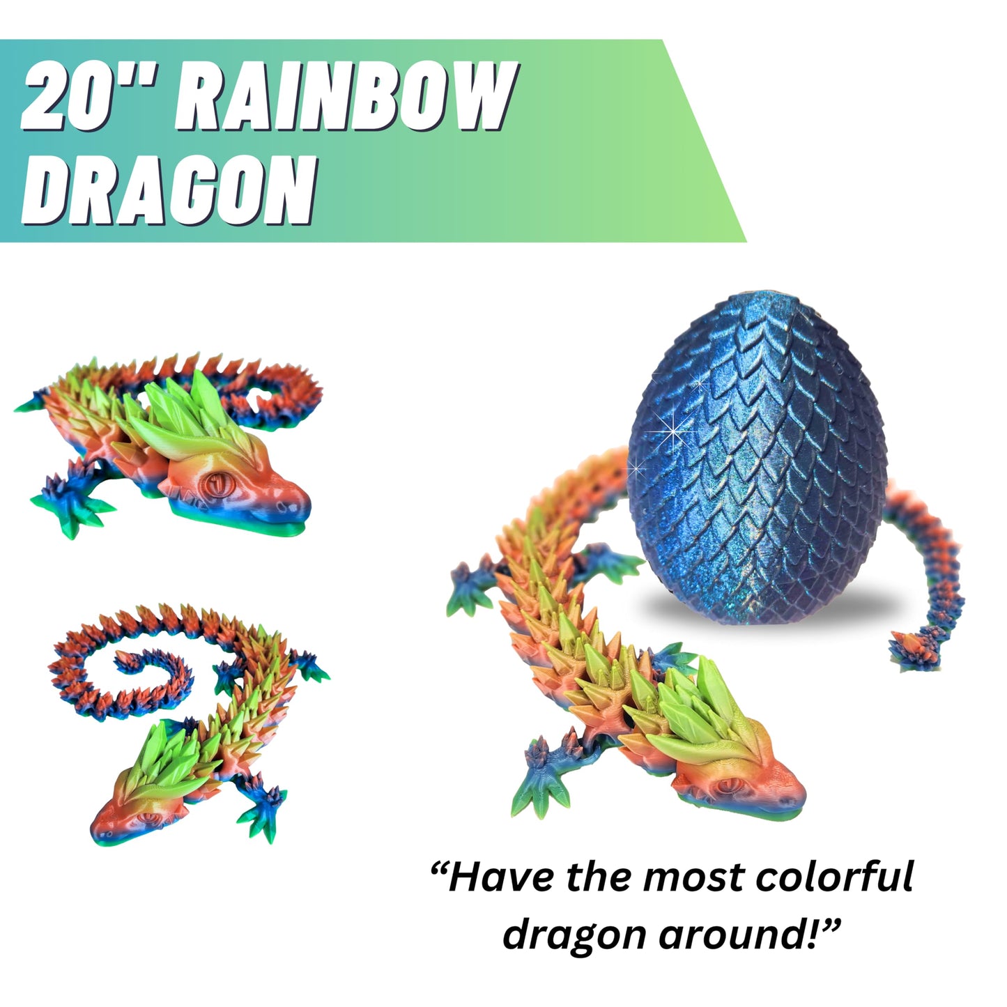 20" Articulated Crystal Dragon - Exclusive Blue Chameleon Glitter Egg, Made in USA - 3D Printed, Perfect for Kids' Room Decor (Rainbow)