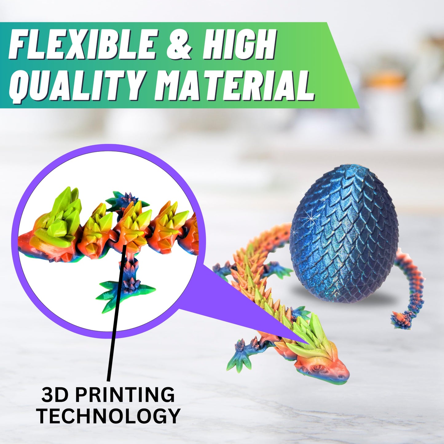 20" Articulated Crystal Dragon - Exclusive Blue Chameleon Glitter Egg, Made in USA - 3D Printed, Perfect for Kids' Room Decor (Rainbow)