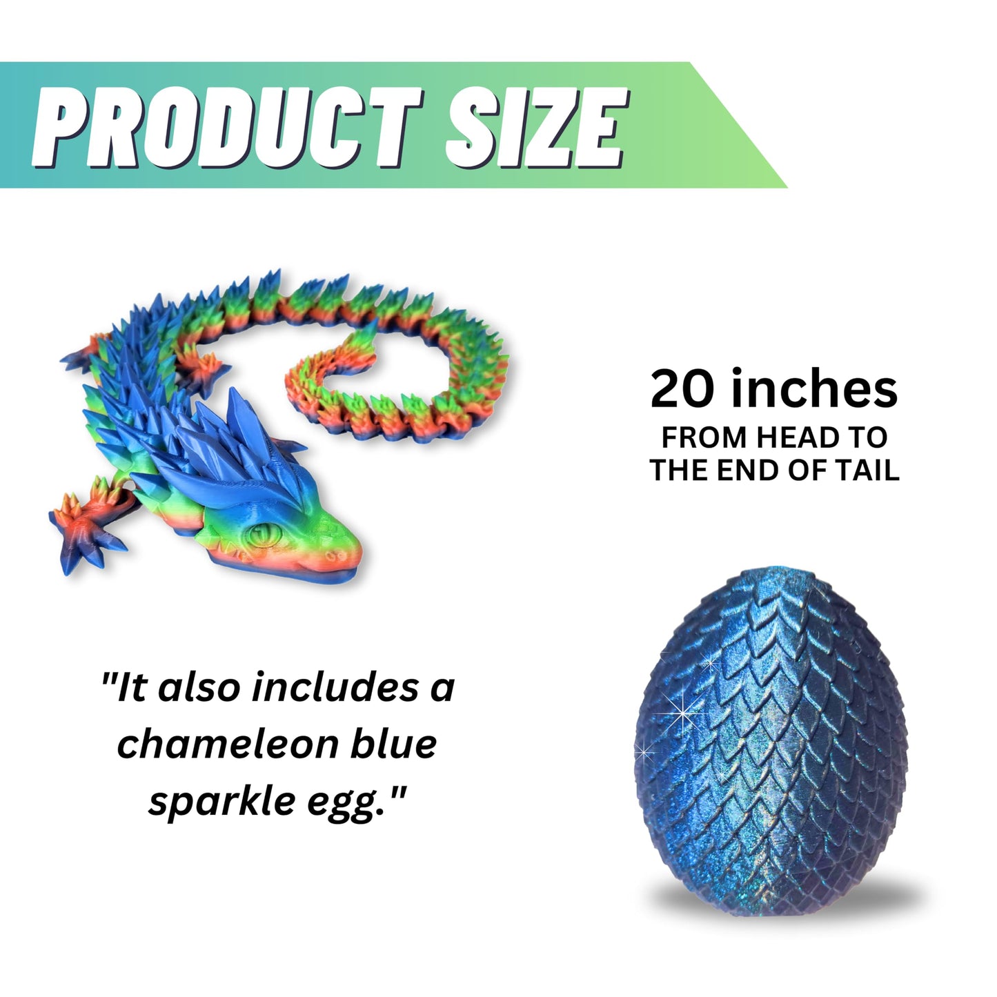 20" Articulated Crystal Dragon - Exclusive Blue Chameleon Glitter Egg, Made in USA - 3D Printed, Perfect for Kids' Room Decor (Rainbow)