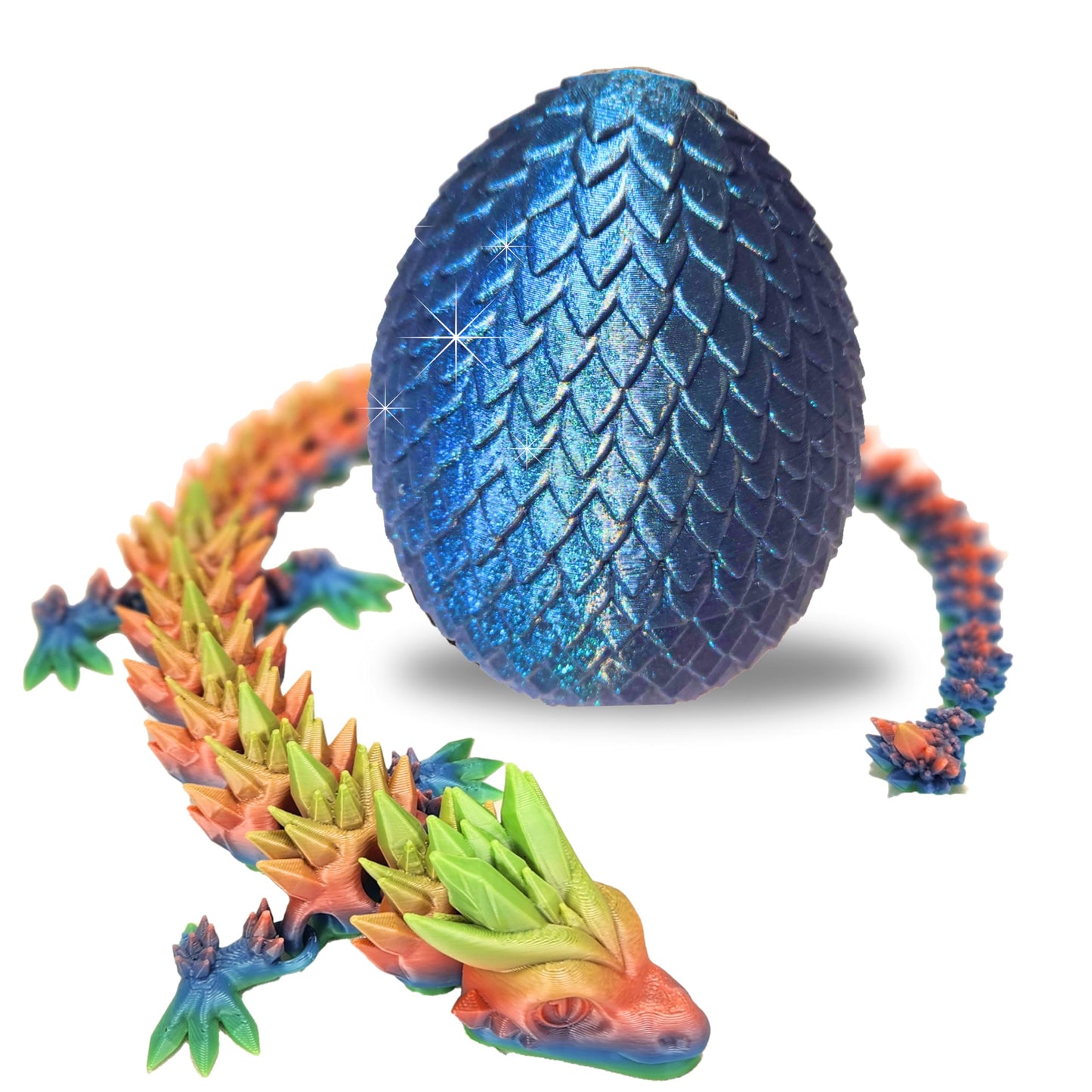 20" Articulated Crystal Dragon - Exclusive Blue Chameleon Glitter Egg, Made in USA - 3D Printed, Perfect for Kids' Room Decor (Rainbow)