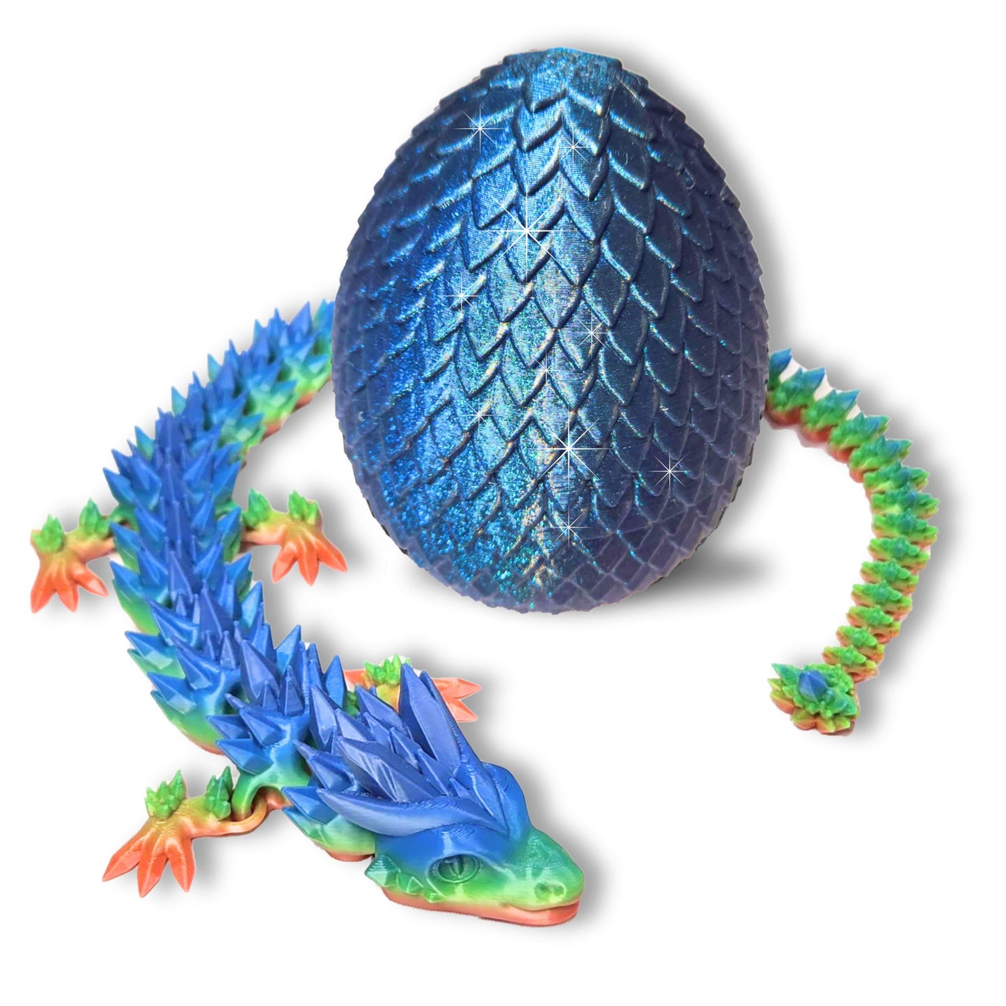 20" Articulated Crystal Dragon - Exclusive Blue Chameleon Glitter Egg, Made in USA - 3D Printed, Perfect for Kids' Room Decor (Rainbow)