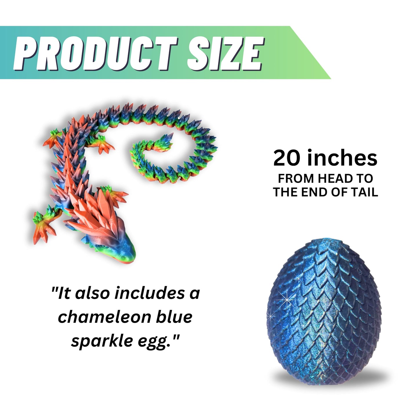 20" Articulated Crystal Dragon - Exclusive Blue Chameleon Glitter Egg, Made in USA - 3D Printed, Perfect for Kids' Room Decor (Rainbow)