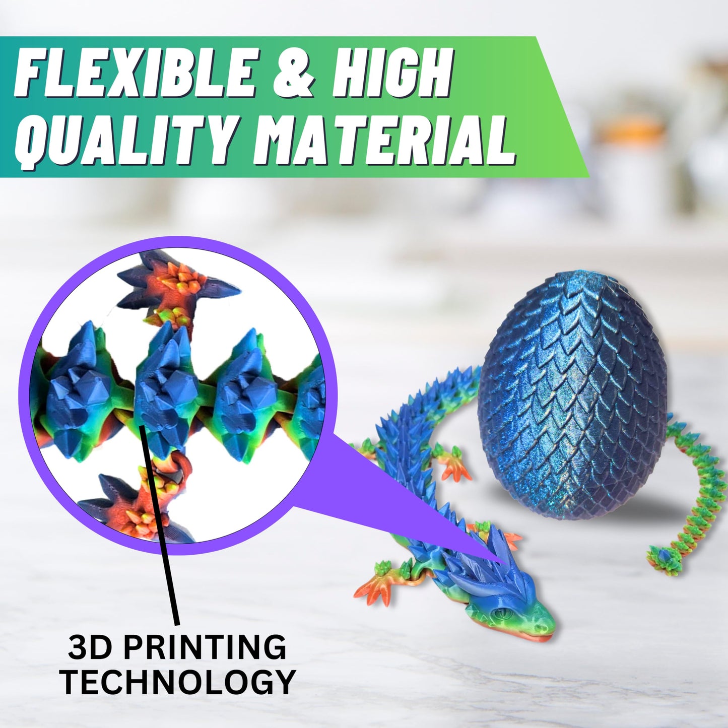 20" Articulated Crystal Dragon - Exclusive Blue Chameleon Glitter Egg, Made in USA - 3D Printed, Perfect for Kids' Room Decor (Rainbow)