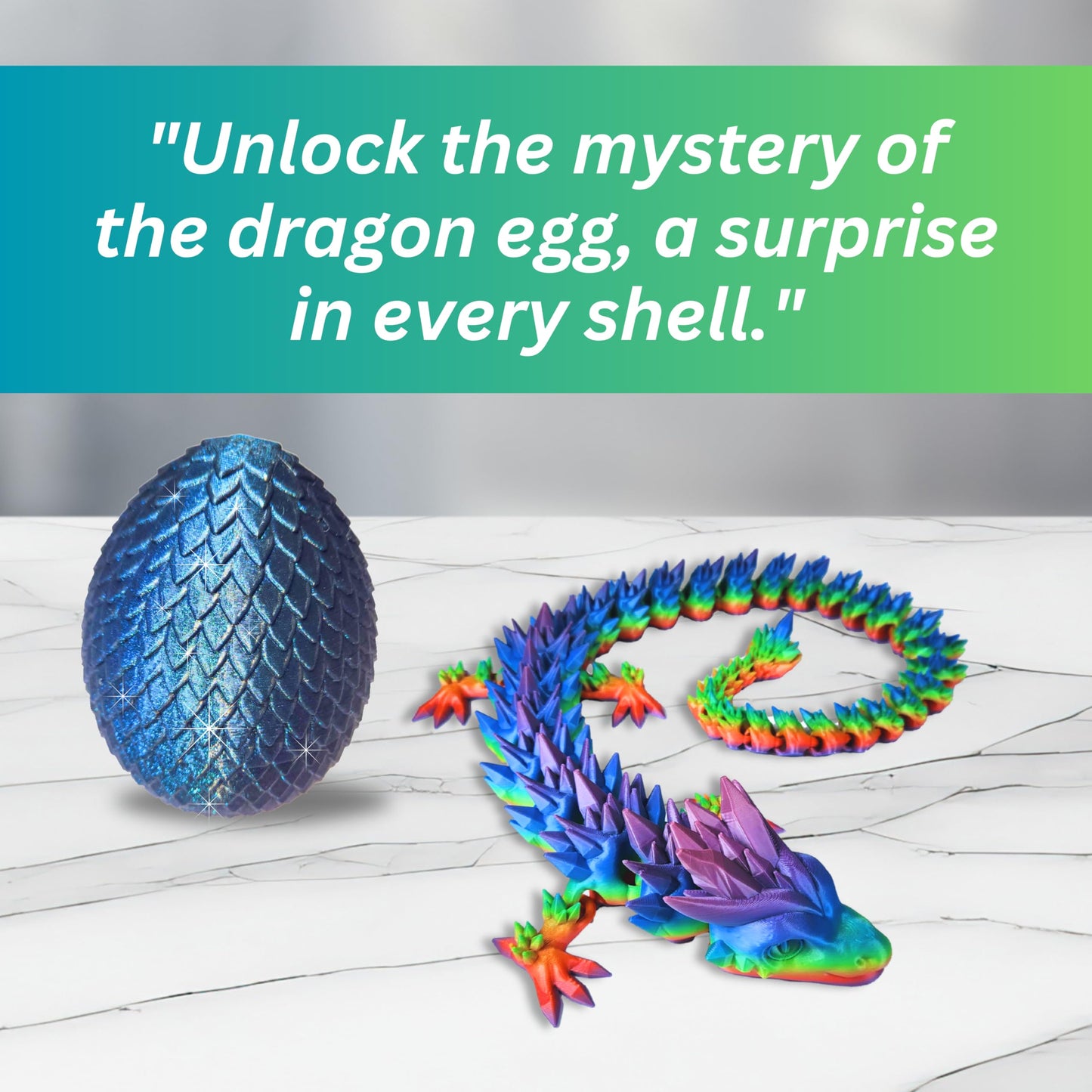 20" Articulated Crystal Dragon - Exclusive Blue Chameleon Glitter Egg, Made in USA - 3D Printed, Perfect for Kids' Room Decor (Rainbow)