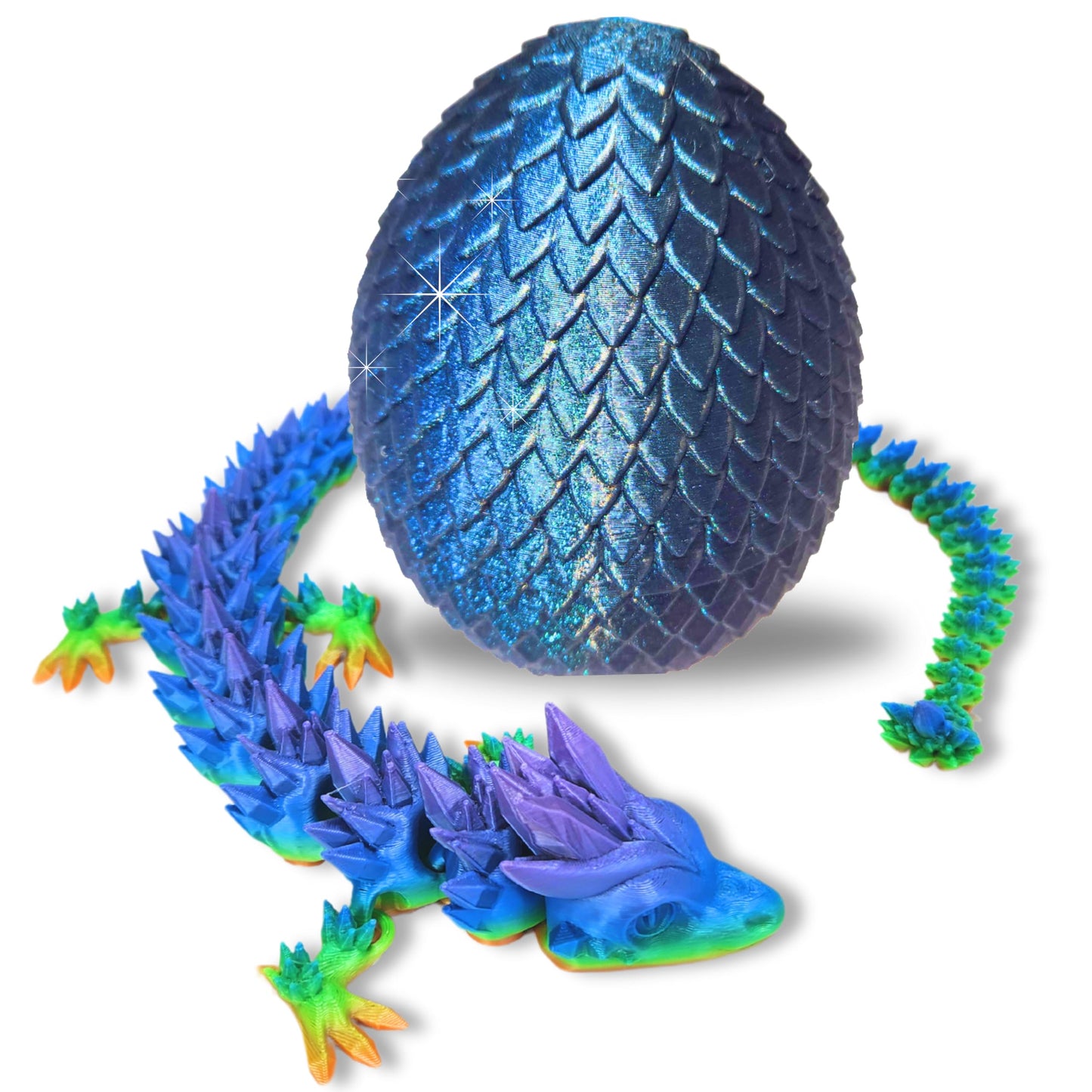 20" Articulated Crystal Dragon - Exclusive Blue Chameleon Glitter Egg, Made in USA - 3D Printed, Perfect for Kids' Room Decor (Rainbow)