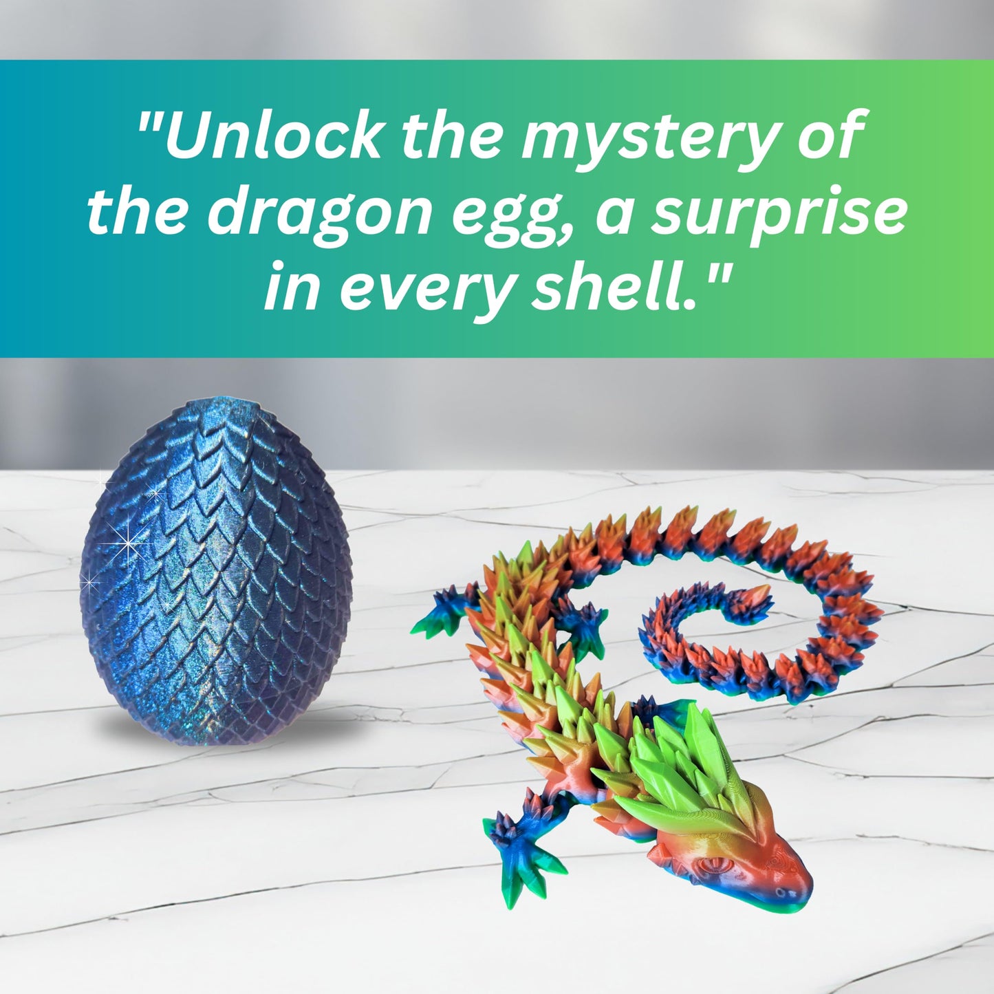20" Articulated Crystal Dragon - Exclusive Blue Chameleon Glitter Egg, Made in USA - 3D Printed, Perfect for Kids' Room Decor (Rainbow)