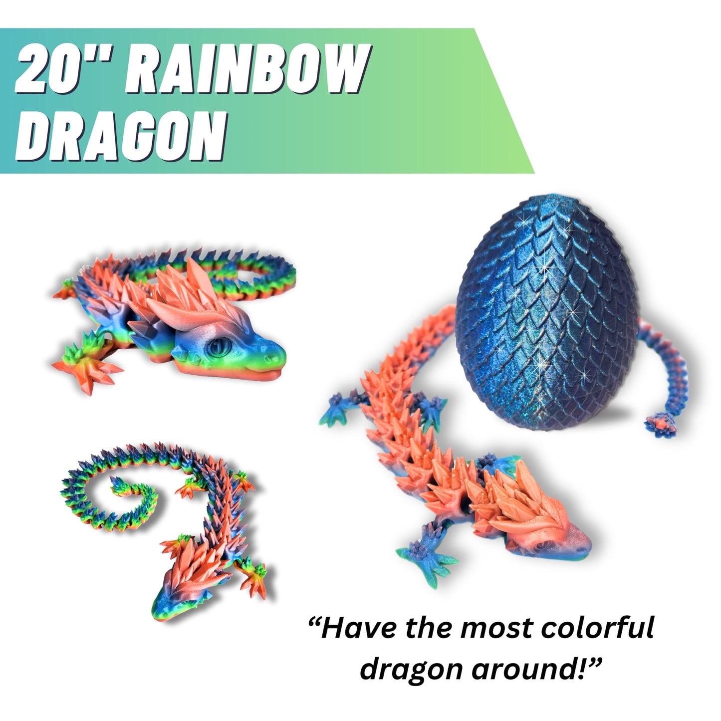 20" Articulated Crystal Dragon - Exclusive Blue Chameleon Glitter Egg, Made in USA - 3D Printed, Perfect for Kids' Room Decor (Rainbow)