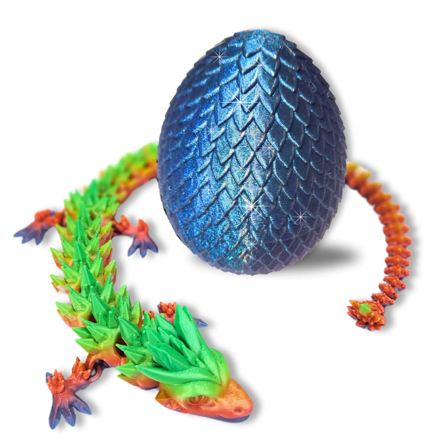 20" Articulated Crystal Dragon - Exclusive Blue Chameleon Glitter Egg, Made in USA - 3D Printed, Perfect for Kids' Room Decor (Rainbow)