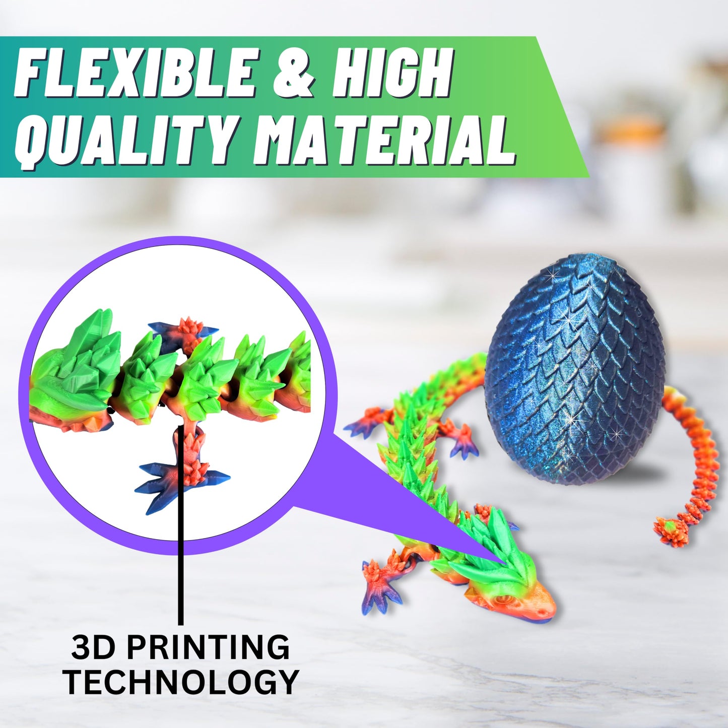 20" Articulated Crystal Dragon - Exclusive Blue Chameleon Glitter Egg, Made in USA - 3D Printed, Perfect for Kids' Room Decor (Rainbow)