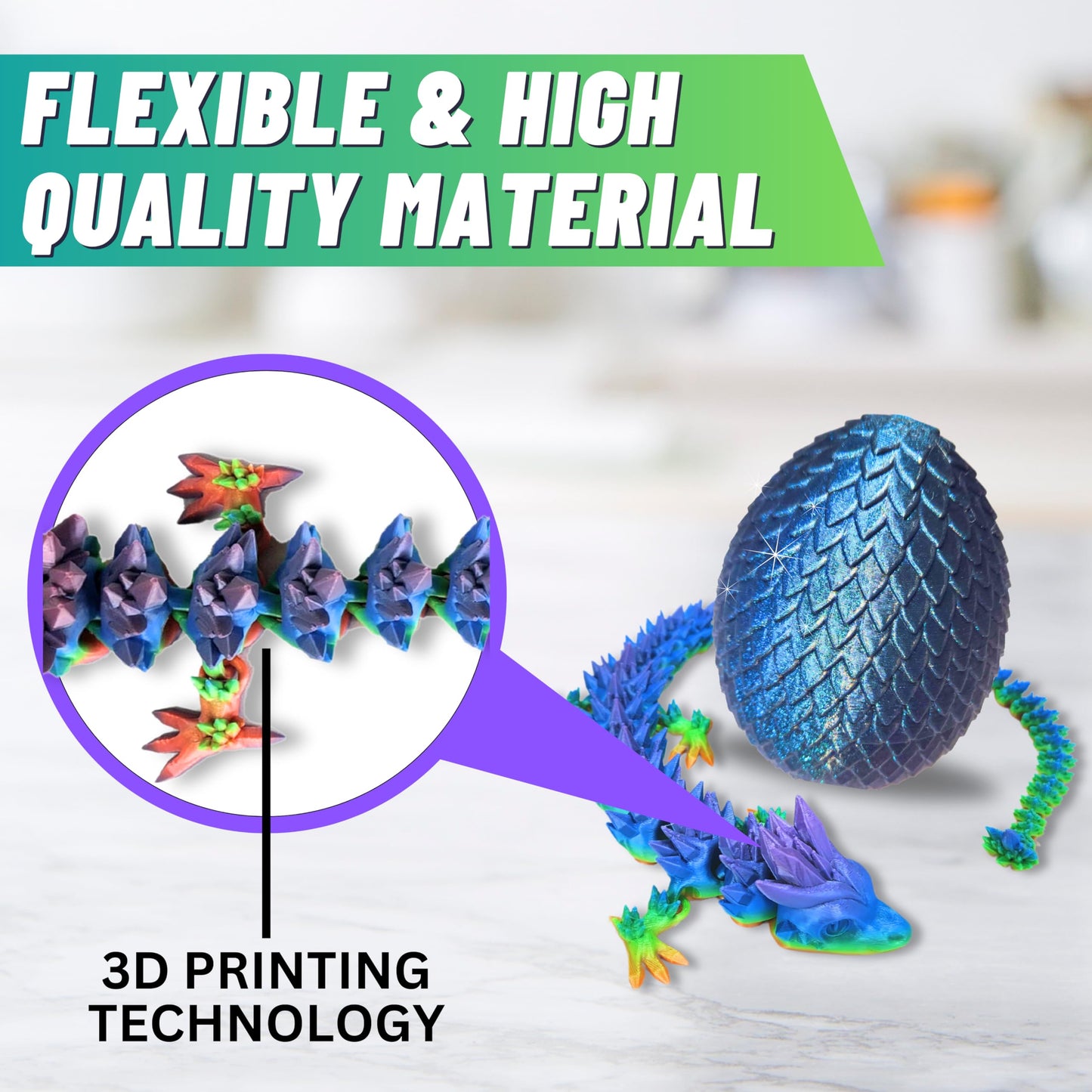 20" Articulated Crystal Dragon - Exclusive Blue Chameleon Glitter Egg, Made in USA - 3D Printed, Perfect for Kids' Room Decor (Rainbow)