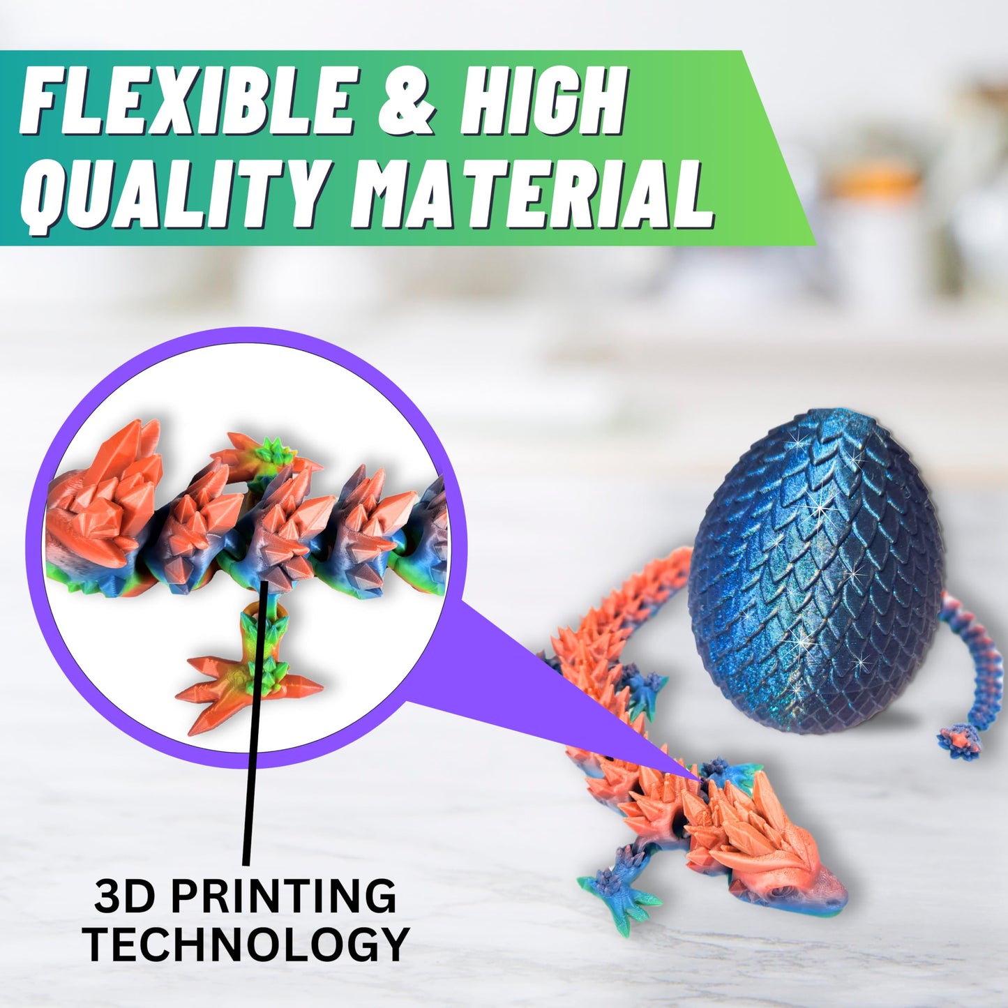 20" Articulated Crystal Dragon - Exclusive Blue Chameleon Glitter Egg, Made in USA - 3D Printed, Perfect for Kids' Room Decor (Rainbow)