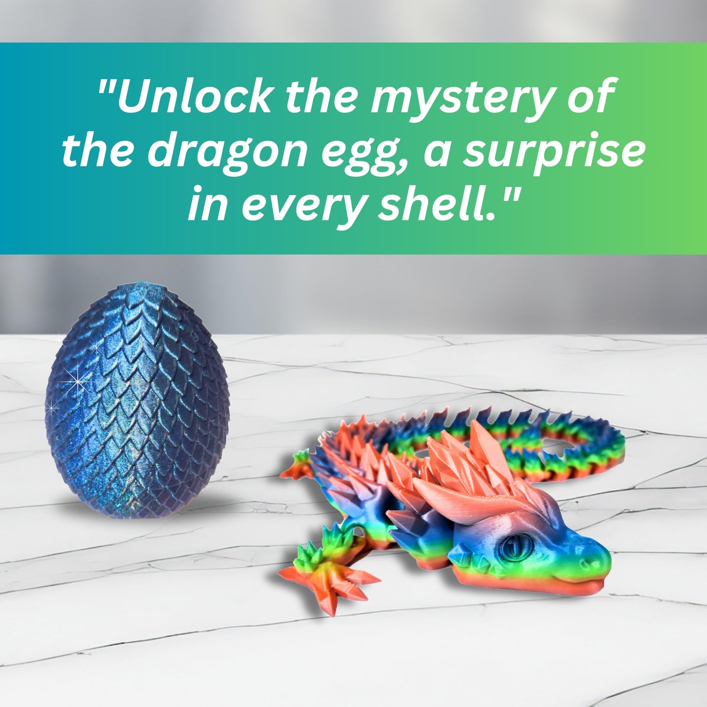 20" Articulated Crystal Dragon - Exclusive Blue Chameleon Glitter Egg, Made in USA - 3D Printed, Perfect for Kids' Room Decor (Rainbow)