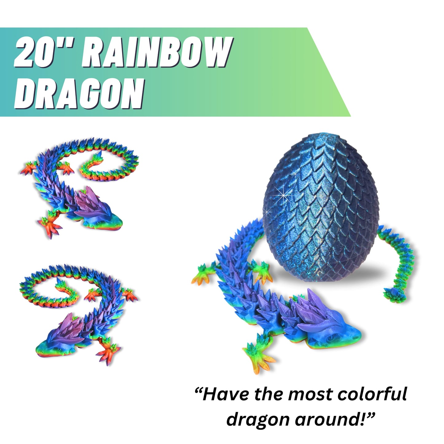 20" Articulated Crystal Dragon - Exclusive Blue Chameleon Glitter Egg, Made in USA - 3D Printed, Perfect for Kids' Room Decor (Rainbow)