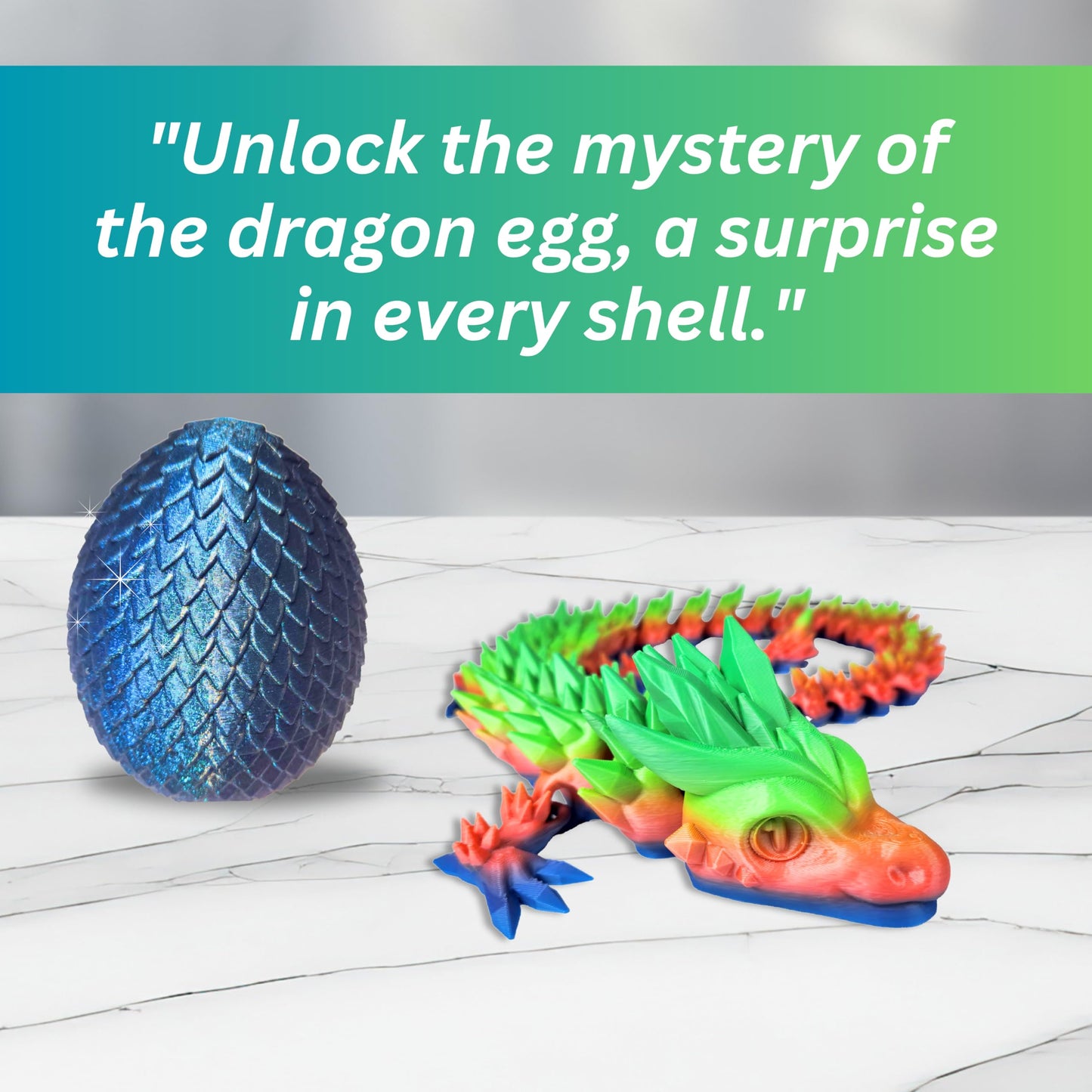 20" Articulated Crystal Dragon - Exclusive Blue Chameleon Glitter Egg, Made in USA - 3D Printed, Perfect for Kids' Room Decor (Rainbow)