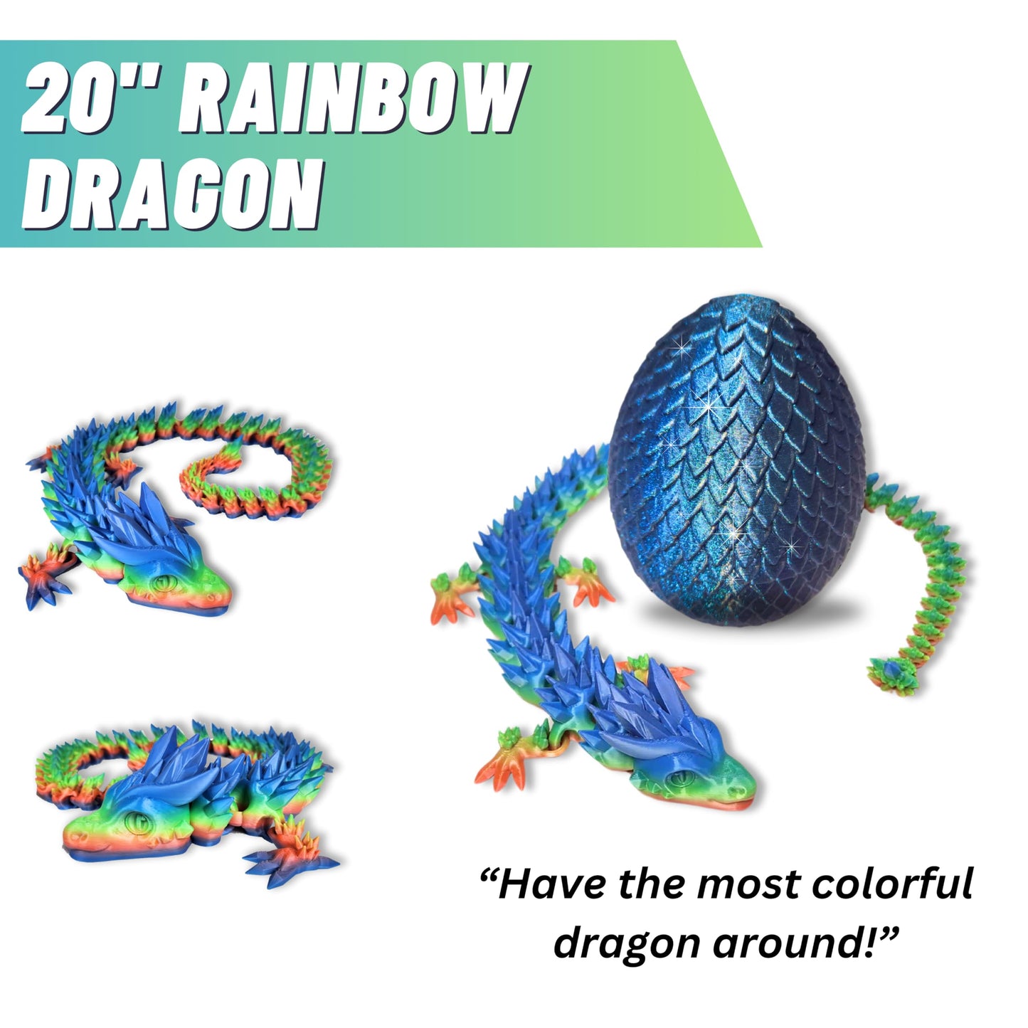 20" Articulated Crystal Dragon - Exclusive Blue Chameleon Glitter Egg, Made in USA - 3D Printed, Perfect for Kids' Room Decor (Rainbow)