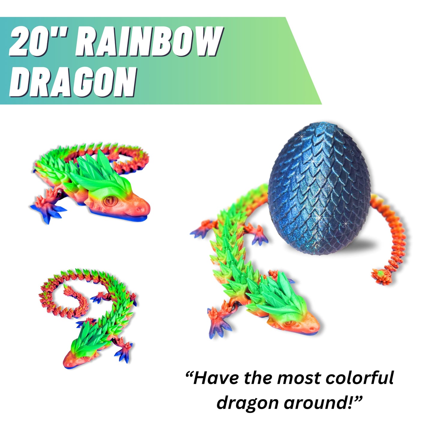 20" Articulated Crystal Dragon - Exclusive Blue Chameleon Glitter Egg, Made in USA - 3D Printed, Perfect for Kids' Room Decor (Rainbow)