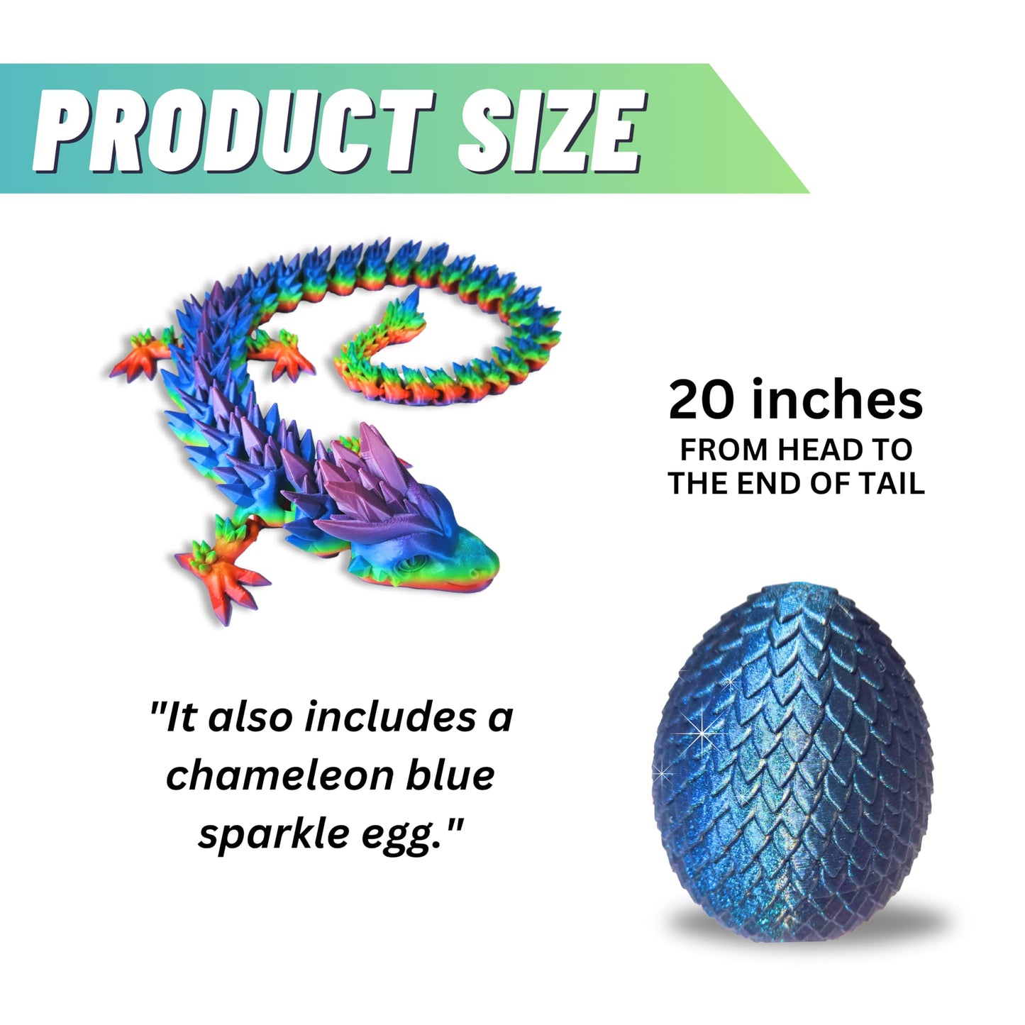 20" Articulated Crystal Dragon - Exclusive Blue Chameleon Glitter Egg, Made in USA - 3D Printed, Perfect for Kids' Room Decor (Rainbow)