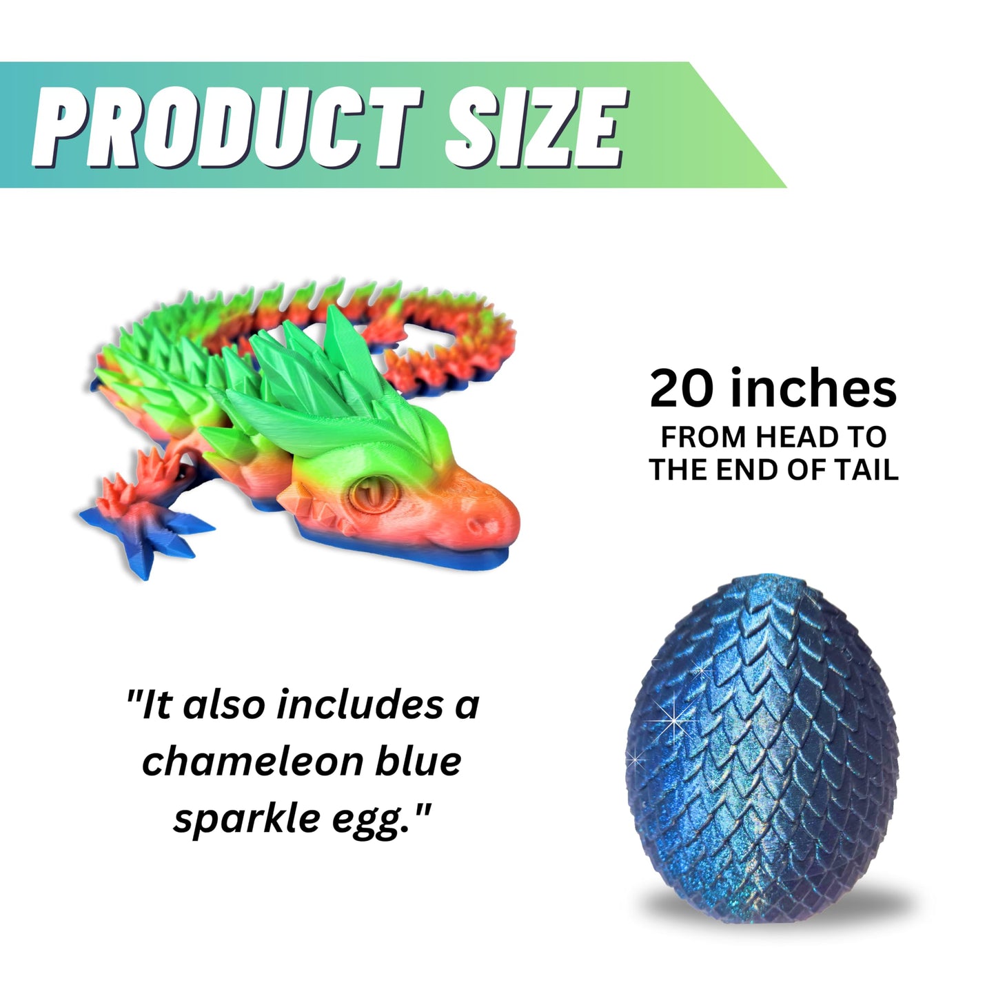 20" Articulated Crystal Dragon - Exclusive Blue Chameleon Glitter Egg, Made in USA - 3D Printed, Perfect for Kids' Room Decor (Rainbow)