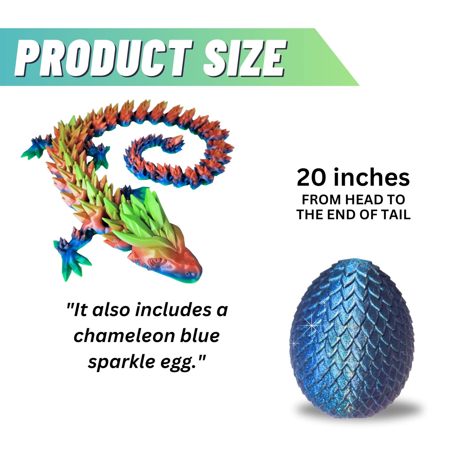 20" Articulated Crystal Dragon - Exclusive Blue Chameleon Glitter Egg, Made in USA - 3D Printed, Perfect for Kids' Room Decor (Rainbow)