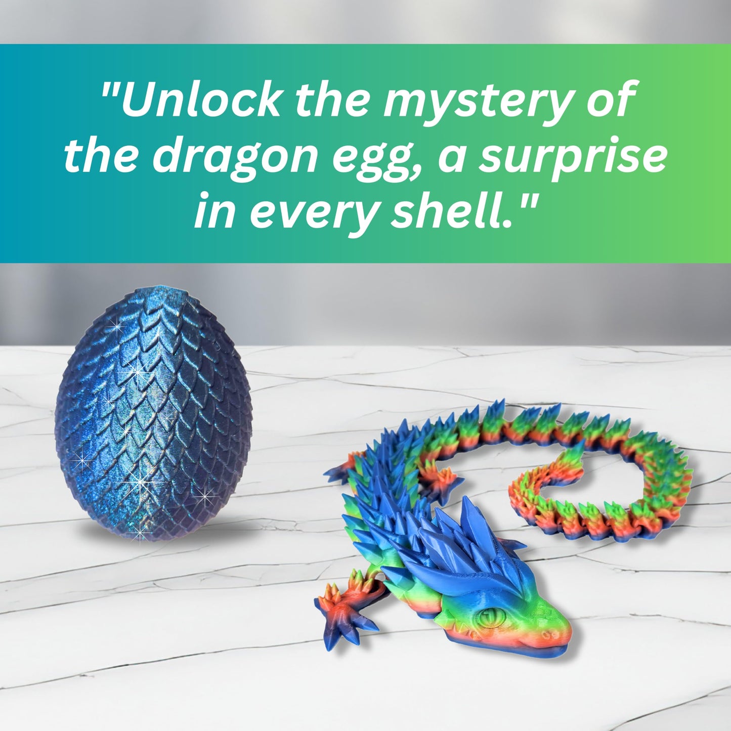 20" Articulated Crystal Dragon - Exclusive Blue Chameleon Glitter Egg, Made in USA - 3D Printed, Perfect for Kids' Room Decor (Rainbow)