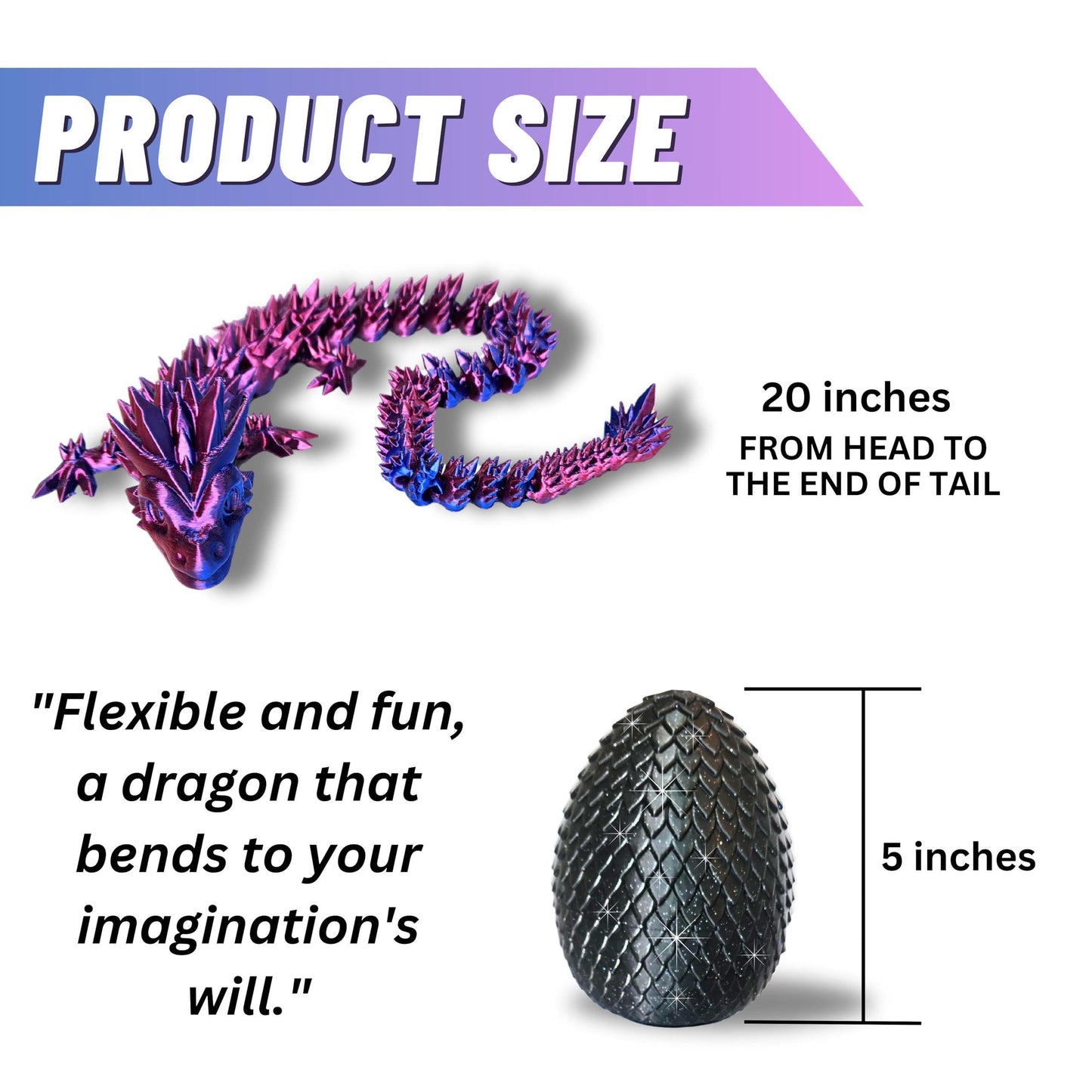 20" Color-Changing Articulated Dragon - Exclusive Black Sparkle Glitter Egg, Made in USA - 3D Printed, Room Decor