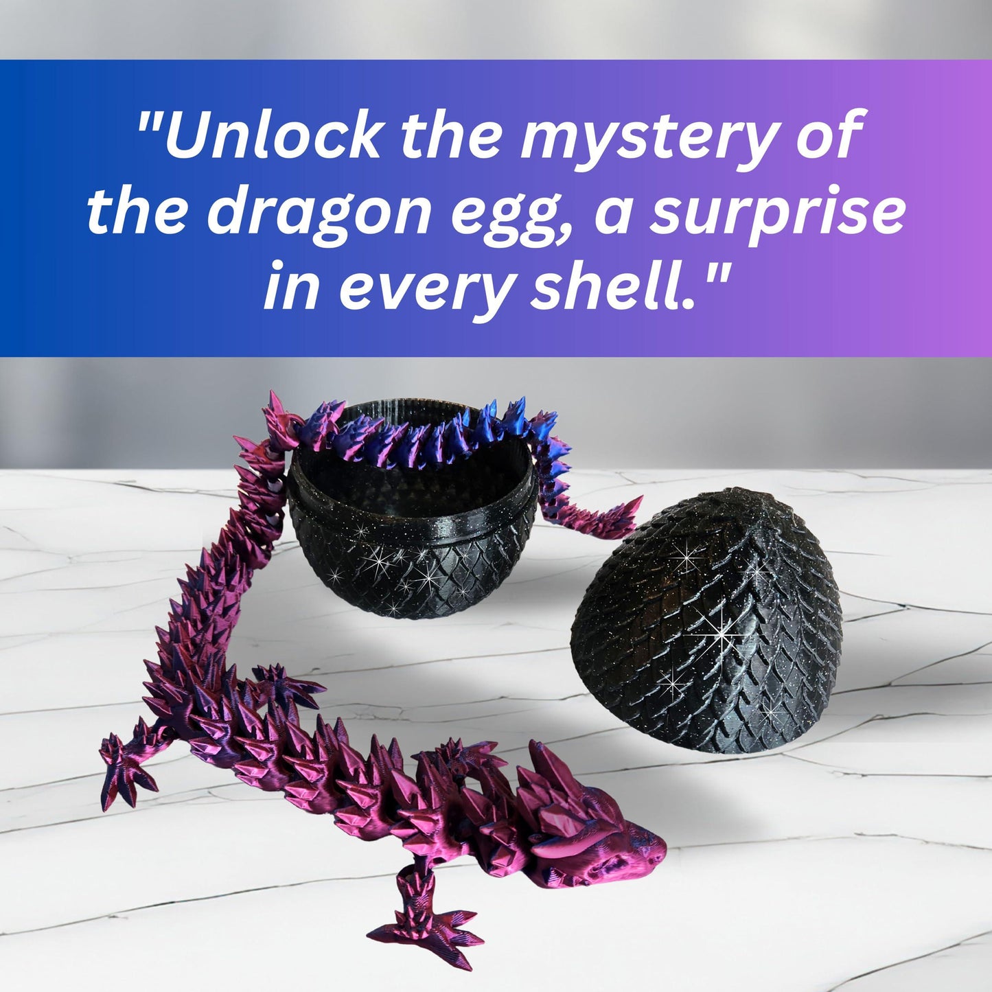 20" Color-Changing Articulated Dragon - Exclusive Black Sparkle Glitter Egg, Made in USA - 3D Printed, Room Decor