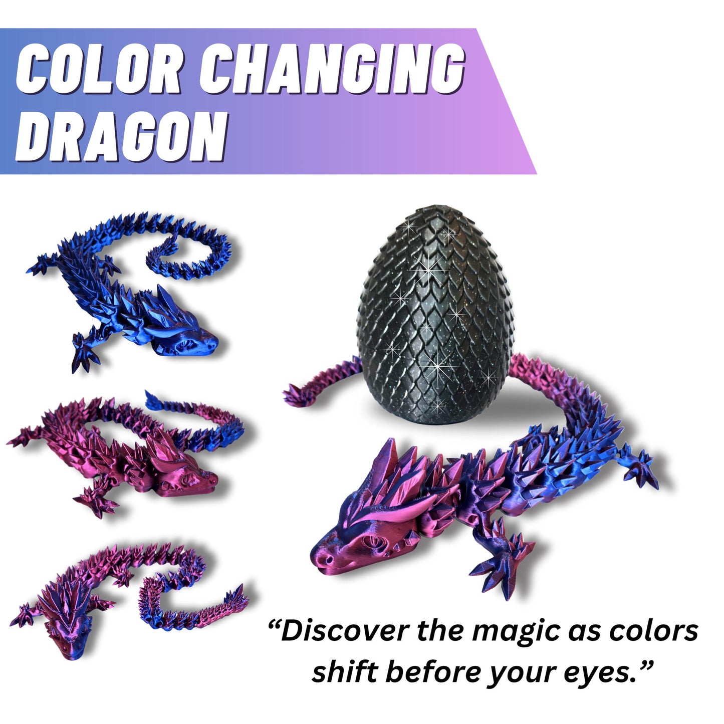 20" Color-Changing Articulated Dragon - Exclusive Black Sparkle Glitter Egg, Made in USA - 3D Printed, Room Decor