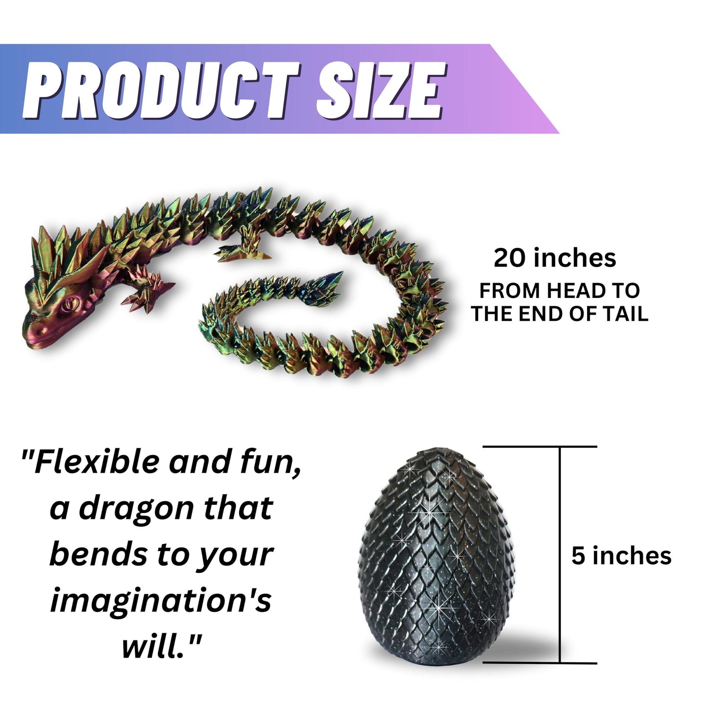 20" Color-Changing Articulated Dragon - Exclusive Black Sparkle Glitter Egg, Made in USA - 3D Printed, Room Decor